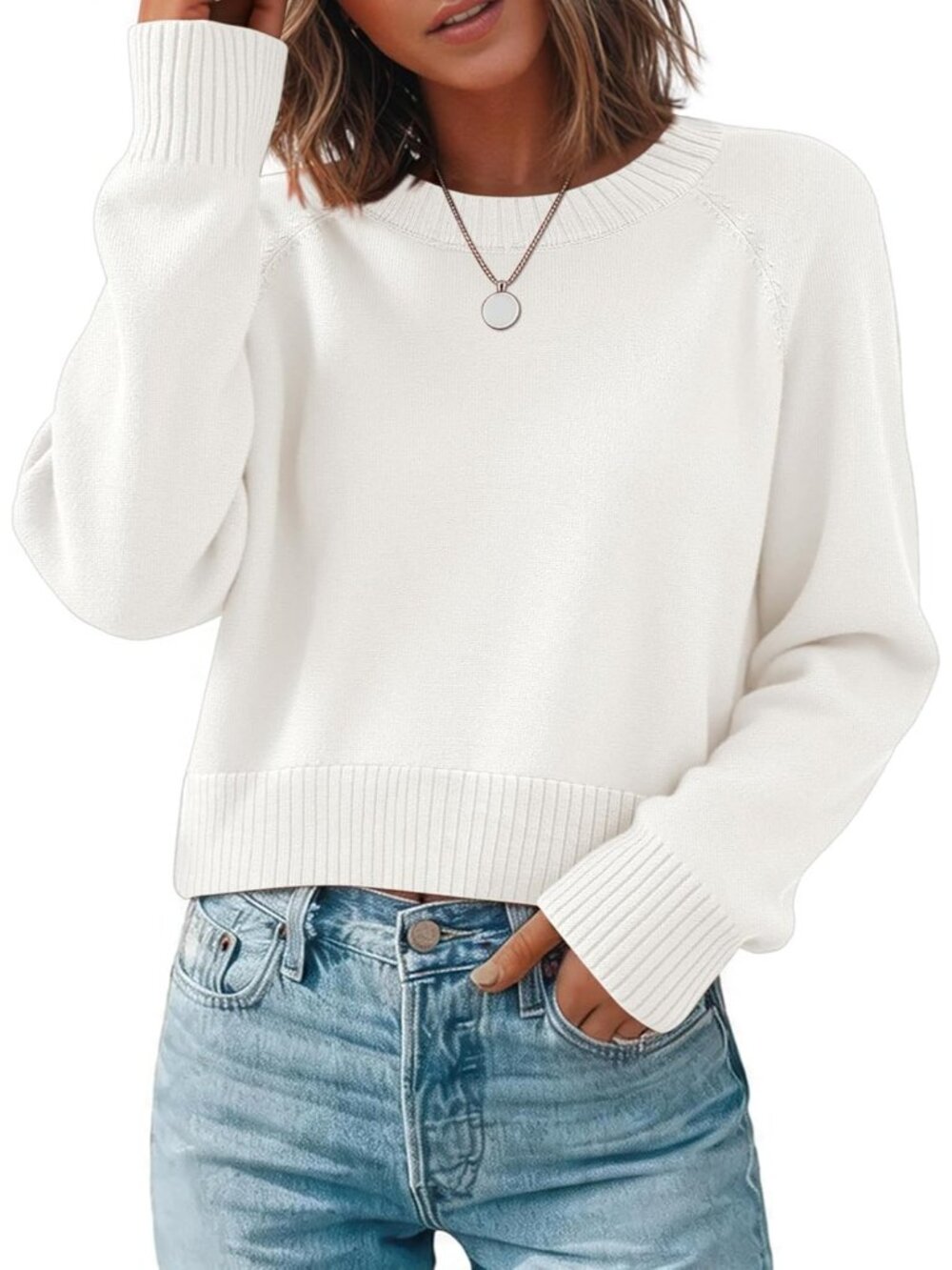 Women White Sweater Pullover Crew Neck Long Sleeve Classic Winter Clothing